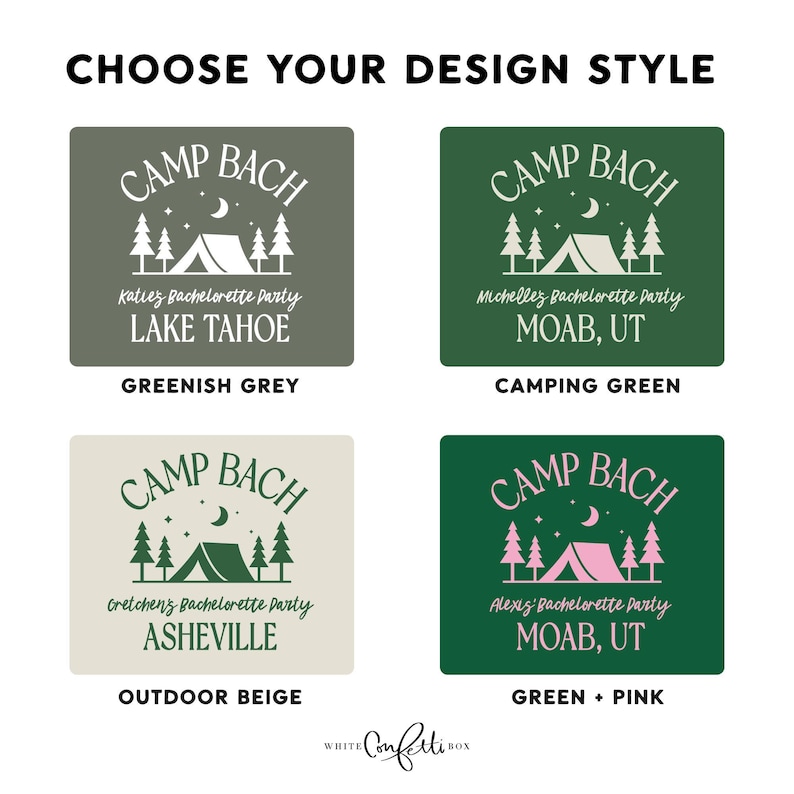 four different design styles for a "Camp Bach" event, including a green and white design, a green and pink design, an outdoor beige design, and a green and pink design.