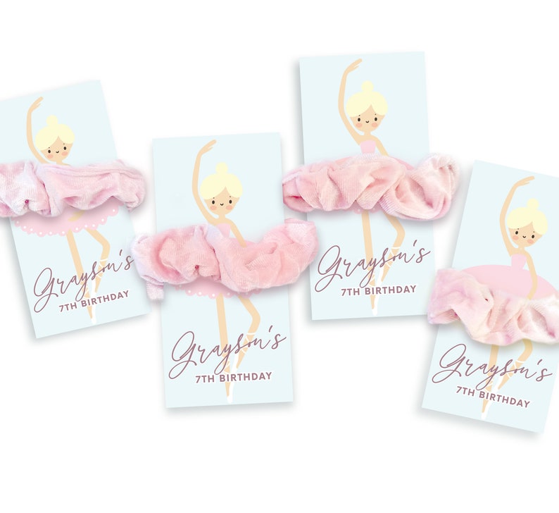 May include: Four pink and white ballerina-themed party favour tags with the text "Grayson's 7th Birthday" and a pink velvet scrunchie attached to each tag.