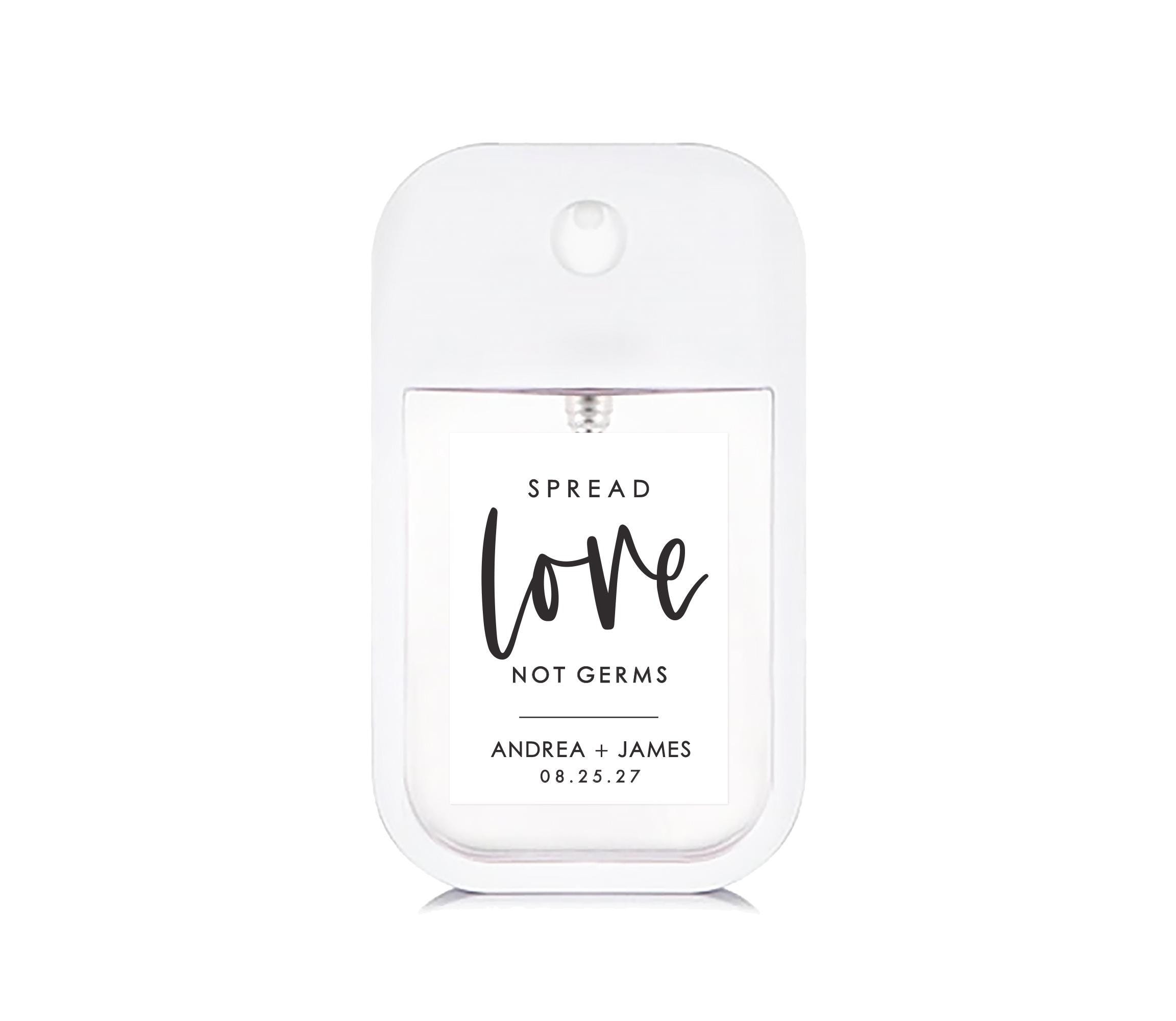 BULK Hochzeitsgeschenk Handdesinfektionsmittel - Spread Love Not Germs - Trendy und personalisiertes Duschgeschenk - Partygeschenke - Flasche im Kartenstil