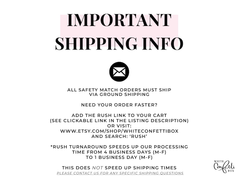 a message about shipping information, including instructions for customers to ship their orders via ground shipping and to add a rush link to their cart for faster processing.