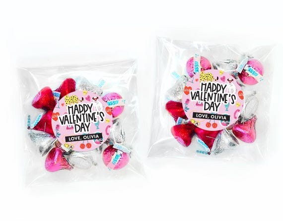 Kids Classroom Valentines SET - Valentine Name Stickers BULK - Valentine Treat Bags - Galentines for Friends - Fun Valentine Favors