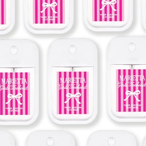 multiple white spray bottles with pink and white striped labels, each featuring the text "Maretta Girls Weekend" and "Your custom text here".