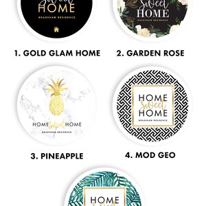 Puede incluir: Cinco dise&ntilde;os diferentes para un letrero de "Hogar dulce hogar". Los dise&ntilde;os incluyen purpurina dorada, rosas de jard&iacute;n, una pi&ntilde;a, un patr&oacute;n geom&eacute;trico y hojas de palma.