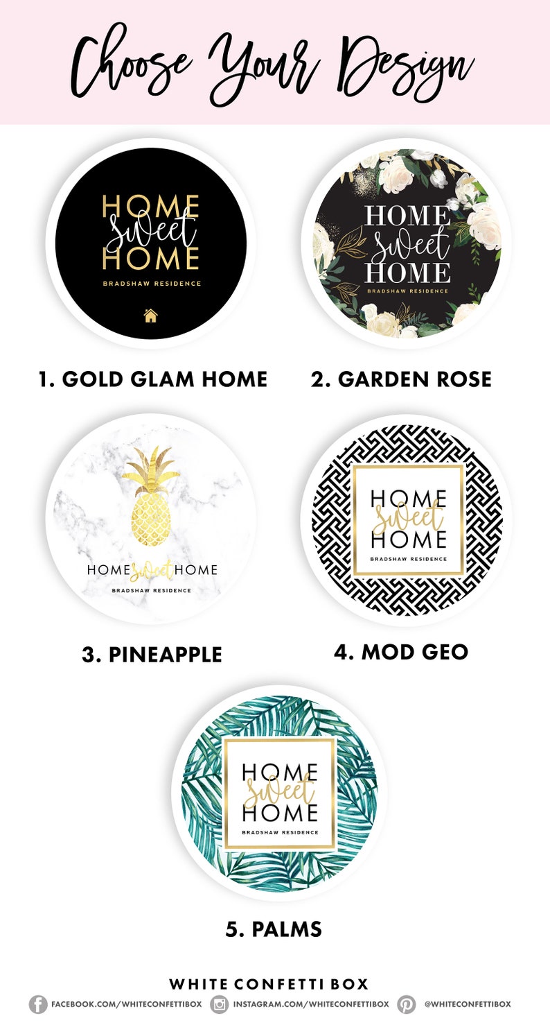 Puede incluir: Cinco dise&ntilde;os diferentes para un letrero de "Hogar dulce hogar". Los dise&ntilde;os incluyen purpurina dorada, rosas de jard&iacute;n, una pi&ntilde;a, un patr&oacute;n geom&eacute;trico y hojas de palma.