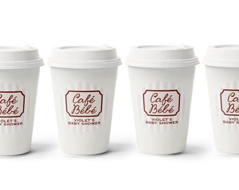 Cafe Bebe Coffee Cups - Baby Shower Coffee Favors - Cafe Baby White Paper Cups with White Lids - Stickers