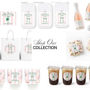 various items related to The Bach Club, including a bottle, a cup, a bag, and some treats. The items are arranged in a grid-like pattern, with the text "The Bach Club" prominently displayed on them.