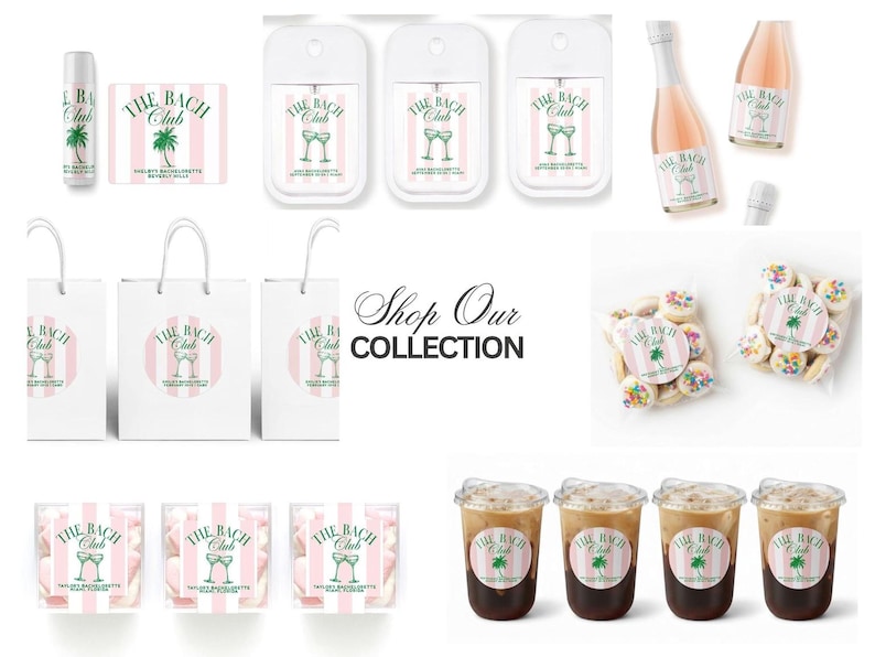 various items related to The Bach Club, including a bottle, a cup, a bag, and some treats. The items are arranged in a grid-like pattern, with the text "The Bach Club" prominently displayed on them.