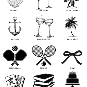 a collection of black and white icons representing various objects and activities, including a seashell, martini glass, bow coupe, anchor, two coupes, palm tree, pickleball, tennis, bow, books, and cake.