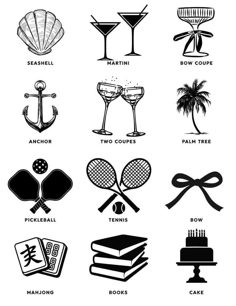a collection of black and white icons representing various objects and activities, including a seashell, martini glass, bow coupe, anchor, two coupes, palm tree, pickleball, tennis, bow, books, and cake.