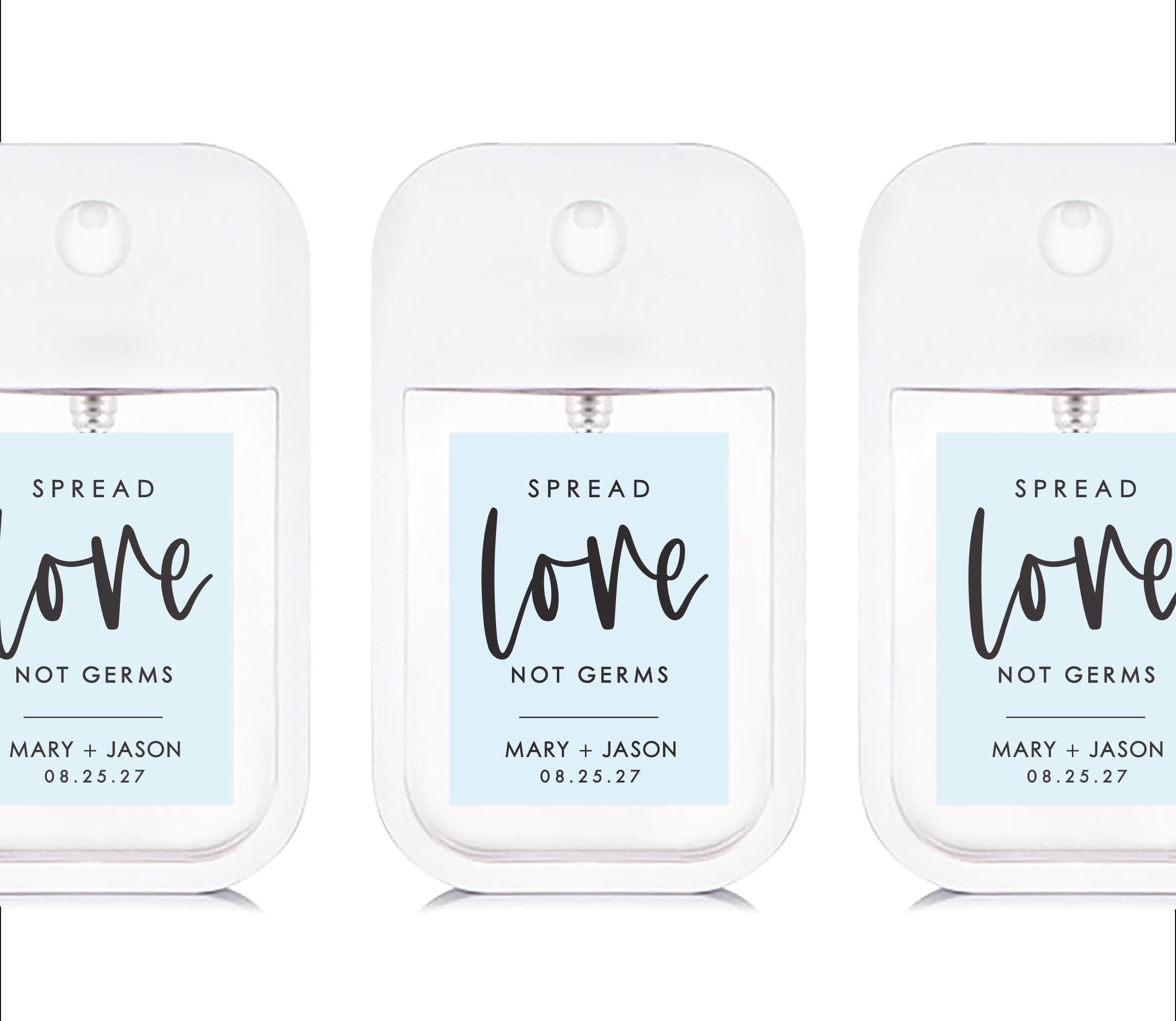 BULK Hochzeitsgeschenk Handdesinfektionsmittel - Spread Love Not Germs - Trendy und personalisiertes Duschgeschenk - Partygeschenke - Flasche im Kartenstil