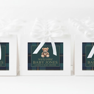 May include: Three white gift bags with white ribbon bows. Each bag features a dark green and blue plaid design with a teddy bear graphic and the text "welcome BABY JONES" for a baby shower.