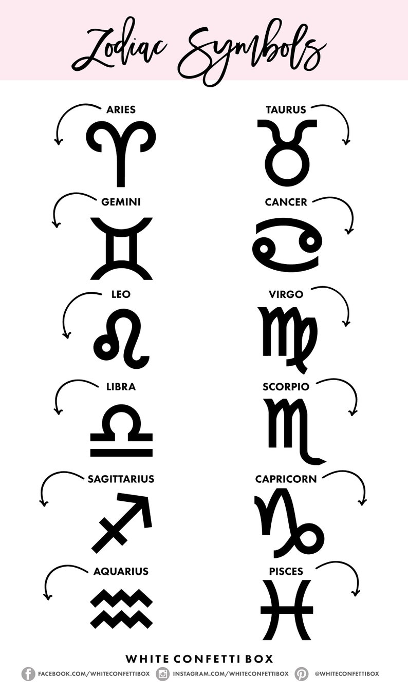 K&ouml;nnte beinhalten: Eine Schwarzwei&szlig;grafik mit den Tierkreiszeichen f&uuml;r jedes der 12 Sternzeichen. Die Symbole sind in zwei Spalten angeordnet, wobei der Name jedes Zeichens &uuml;ber seinem Symbol steht.