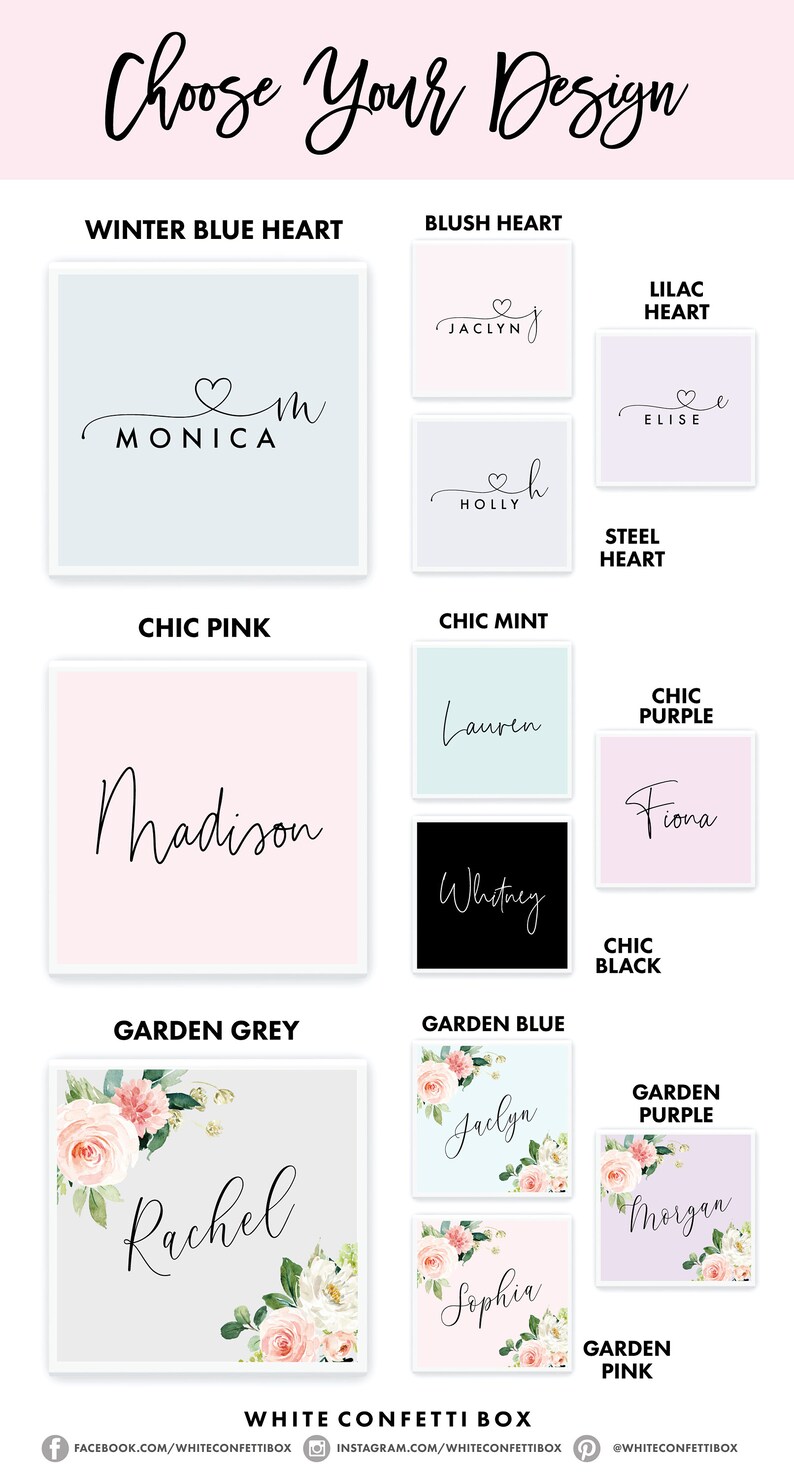 May include: A graphic showing different design options for personalized gift boxes. The designs include floral patterns, hearts, and solid colors. The text "Choose Your Design" is at the top of the graphic. The text "White Confetti Box" is at the bottom of the graphic.