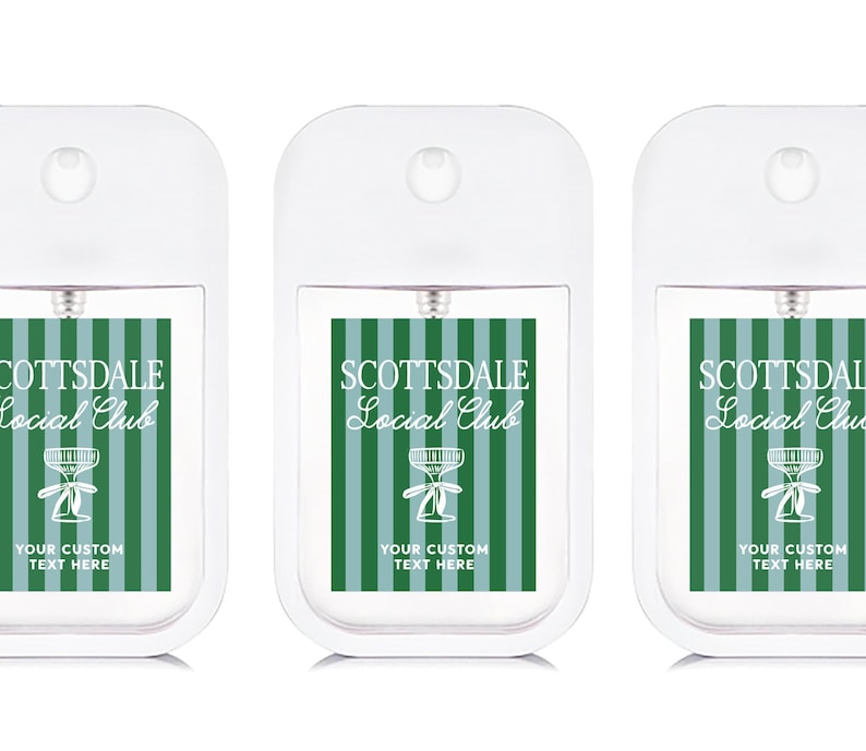 Three identical white spray bottles with green and white labels that say "SCOTTSDALE Local Club" and "YOUR CUSTOM TEXT HERE".