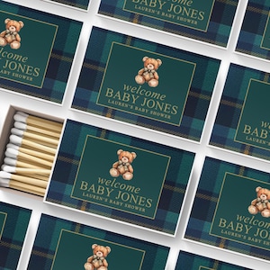 a collection of green and blue plaid baby shower invitations, each featuring a teddy bear and the text "Welcome Baby Jones Lauren's Baby shower".