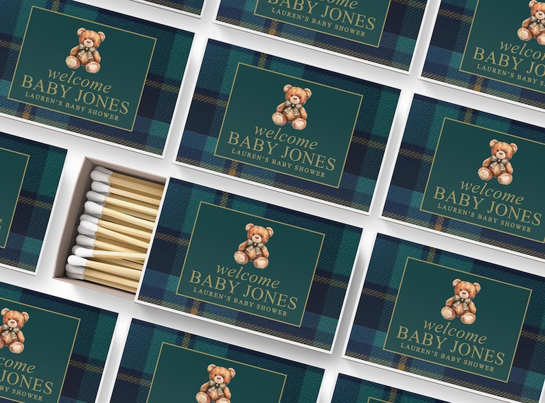 a collection of green and blue plaid baby shower invitations, each featuring a teddy bear and the text "Welcome Baby Jones Lauren's Baby shower".