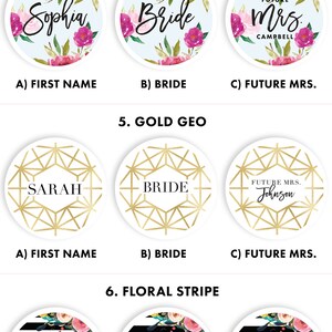 May include: A graphic showing different designs for bridal shower favors. The designs include floral patterns, geometric patterns, and stripes. The text on the favors includes "Sophia", "Bride", "Future Mrs. Campbell", "Sarah", "Bride", "Future Mrs. Johnson", "Taylor", "Bride", and "Future Mrs. Campbell".