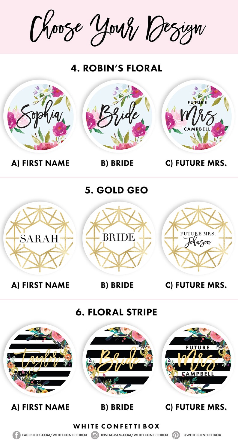 May include: A graphic showing different designs for bridal shower favors. The designs include floral patterns, geometric patterns, and stripes. The text on the favors includes "Sophia", "Bride", "Future Mrs. Campbell", "Sarah", "Bride", "Future Mrs. Johnson", "Taylor", "Bride", and "Future Mrs. Campbell".