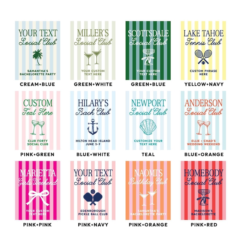 a collection of 12 colorful event or party towels, each with a unique design and color scheme. The towels are arranged in a 4x3 grid, showcasing a variety of patterns and colors.