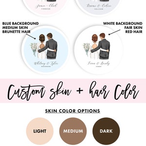 May include: A graphic showing different skin and hair color options for a custom wedding illustration. The illustration shows a bride and groom in various poses. The skin color options are light, medium, and dark. The hair color options are blonde, brunette, red, and black.