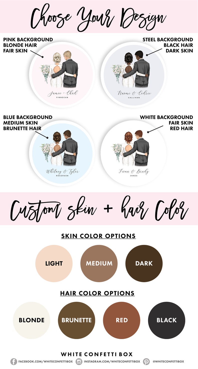 May include: A graphic showing different skin and hair color options for a custom wedding illustration. The illustration shows a bride and groom in various poses. The skin color options are light, medium, and dark. The hair color options are blonde, brunette, red, and black.