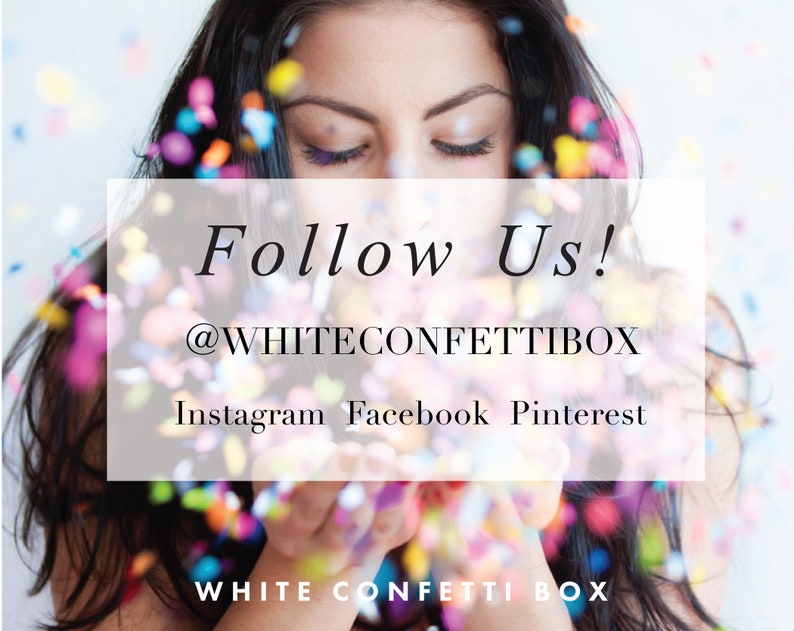 K&ouml;nnte beinhalten: Eine Frau wirft buntes Konfetti in die Luft. Der Text "Follow Us! @WHITECONFETTIBOX Instagram Facebook Pinterest" wird auf einem wei&szlig;en Rechteck angezeigt. Der Text "WHITE CONFETTI BOX" wird am unteren Rand des Bildes angezeigt.