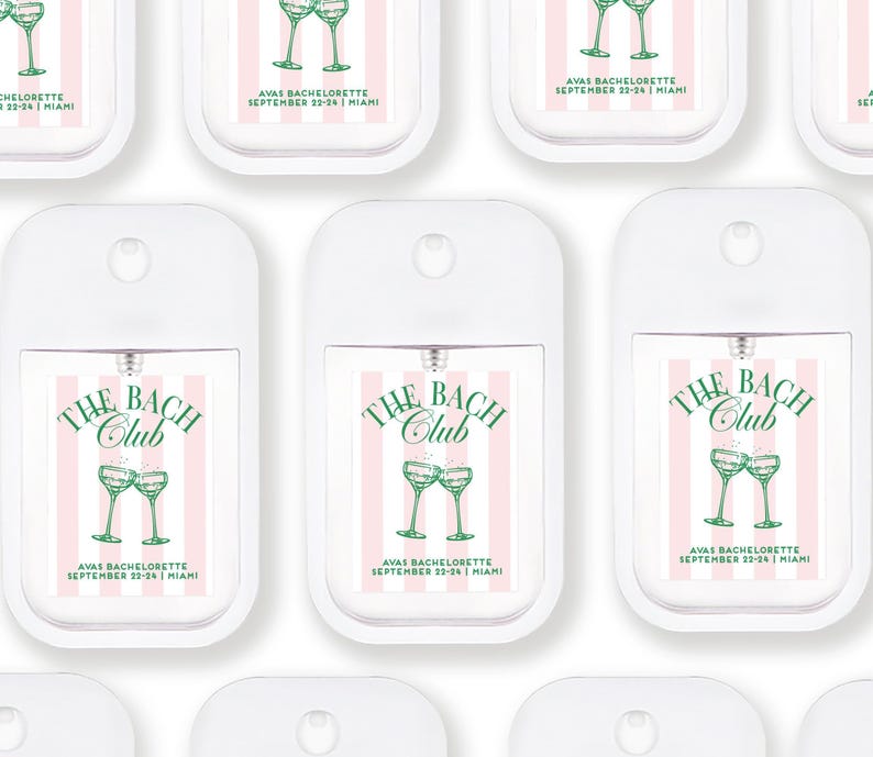 multiple identical white spray pump bottles with pink and green labels, each featuring the text "The BACH Club" and "AVAS BACHLORELETTE SEPTEMBER 23-24(1) MEXICO" printed on them.