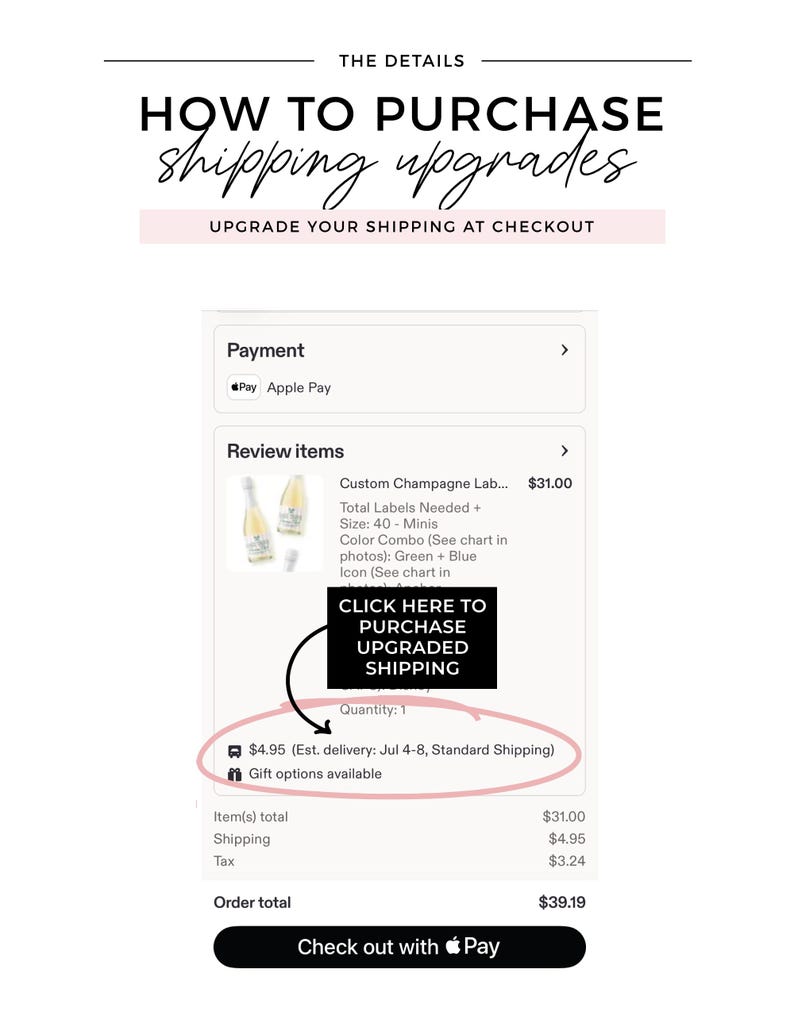a shopping cart with a product called "Custom Champagne Lab..." priced at $31.00. The cart also contains a total of four bottles of wine, with one bottle being a "Color Champagne Box Chart" and the other three being "White" bottles. The cart is being purchased at a checkout, and the total cost is $39.19.