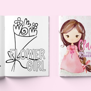 May include: A printable coloring book with a flower girl theme. The cover features a cute cartoon girl with brown hair and a pink dress. The text on the cover reads "Claire, Will you be my flower girl?"