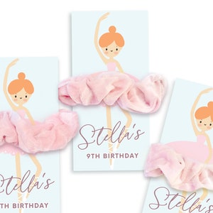 May include: Three pink and white ballerina-themed party favour tags with the text "Stella's 9th Birthday" and a pink scrunchie attached to each tag.