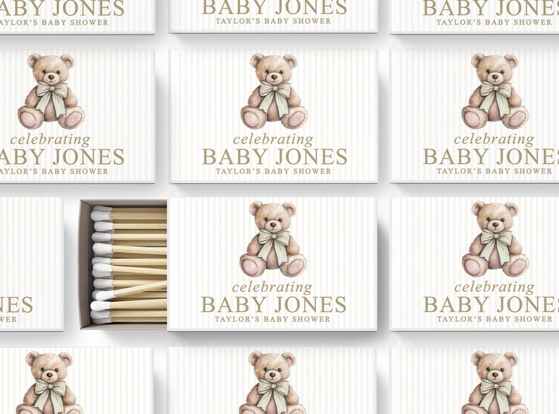 a collection of identical baby shower invitation cards, each featuring a teddy bear and the text "Celebrating Baby Jones Taylor's Baby Shower".