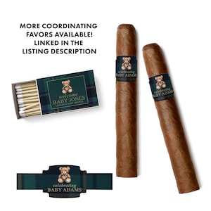 a collection of items related to baby showers, including a box of matches, two cigar tobaccos, and a label for a bottle. The text in the image indicates that there are more coordinating favors available, and that the listing description is linked to the box of matches.