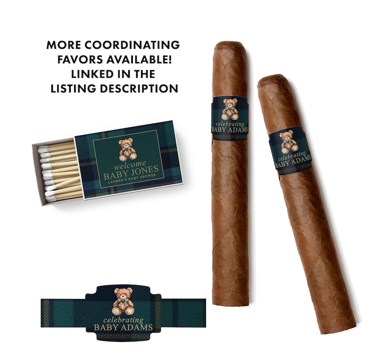 a collection of items related to baby showers, including a box of matches, two cigar tobaccos, and a label for a bottle. The text in the image indicates that there are more coordinating favors available, and that the listing description is linked to the box of matches.