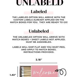 The image is a text-based image that provides information about two different options for labels on match boxes. The text is in black and white, and it includes a pink background with a welcome message and some text. The image is not a collage of multiple images, and it does not describe each individual element. The text is focused on the labels and their application on match boxes.