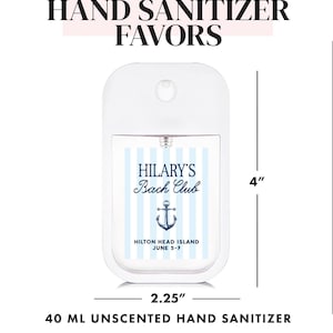 The image is a promotional poster for a hand sanitizer. It features a white hand sanitizer with a blue and white striped label, and it is described as an unscented hand sanitizer in a 4" size. The poster also includes the text "ABOUT OUR HAND SANITIZER FAVORS" and "WHITE CONFETIBOX" along with the dimensions "2.25" and "40 ML".