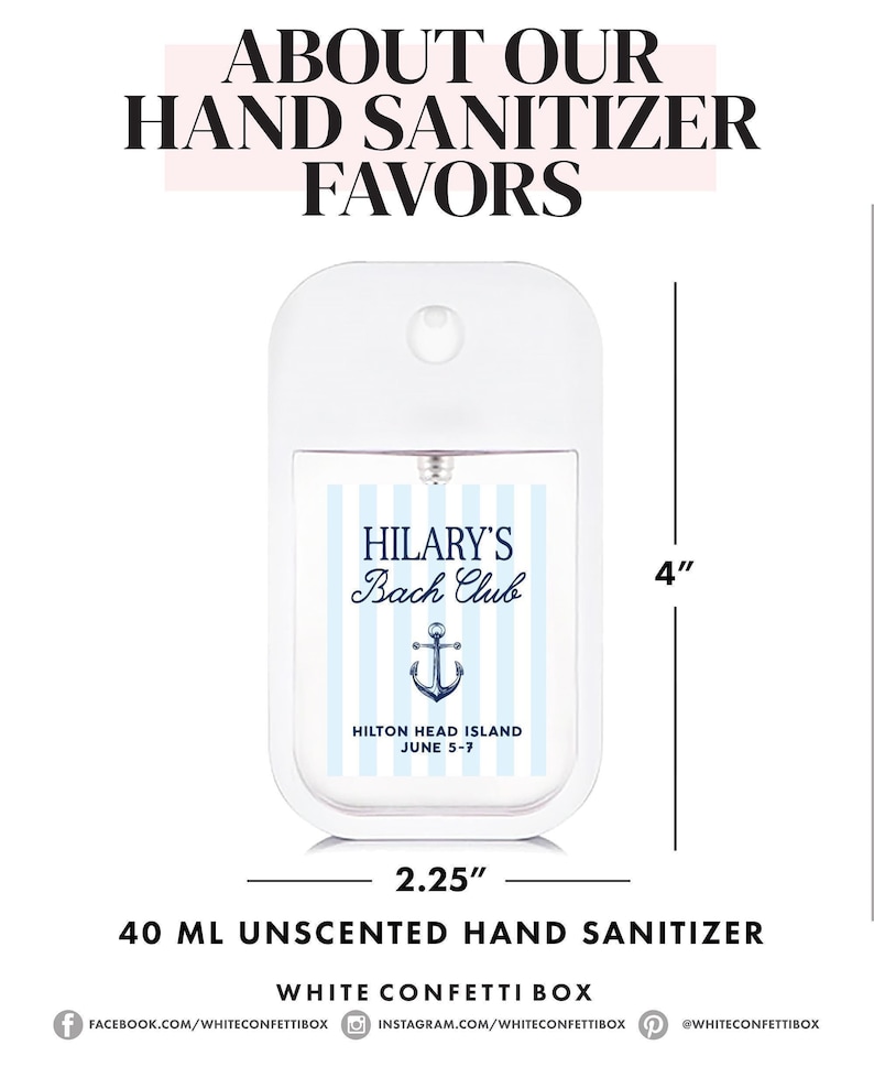 The image is a promotional poster for a hand sanitizer. It features a white hand sanitizer with a blue and white striped label, and it is described as an unscented hand sanitizer in a 4" size. The poster also includes the text "ABOUT OUR HAND SANITIZER FAVORS" and "WHITE CONFETIBOX" along with the dimensions "2.25" and "40 ML".