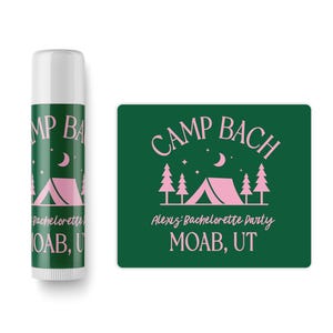 a green and pink label for a Camp Bach event, which appears to be a bachelorette party.