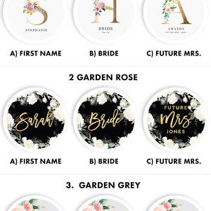 May include: Three different designs for a bridal shower or wedding favor. The first design is a white background with a gold letter "S" with pink flowers. The second design is a white background with a gold letter "H" with pink flowers. The third design is a white background with a gold letter "A" with yellow flowers. The text below each design reads "First Name", "Bride", and "Future Mrs.".