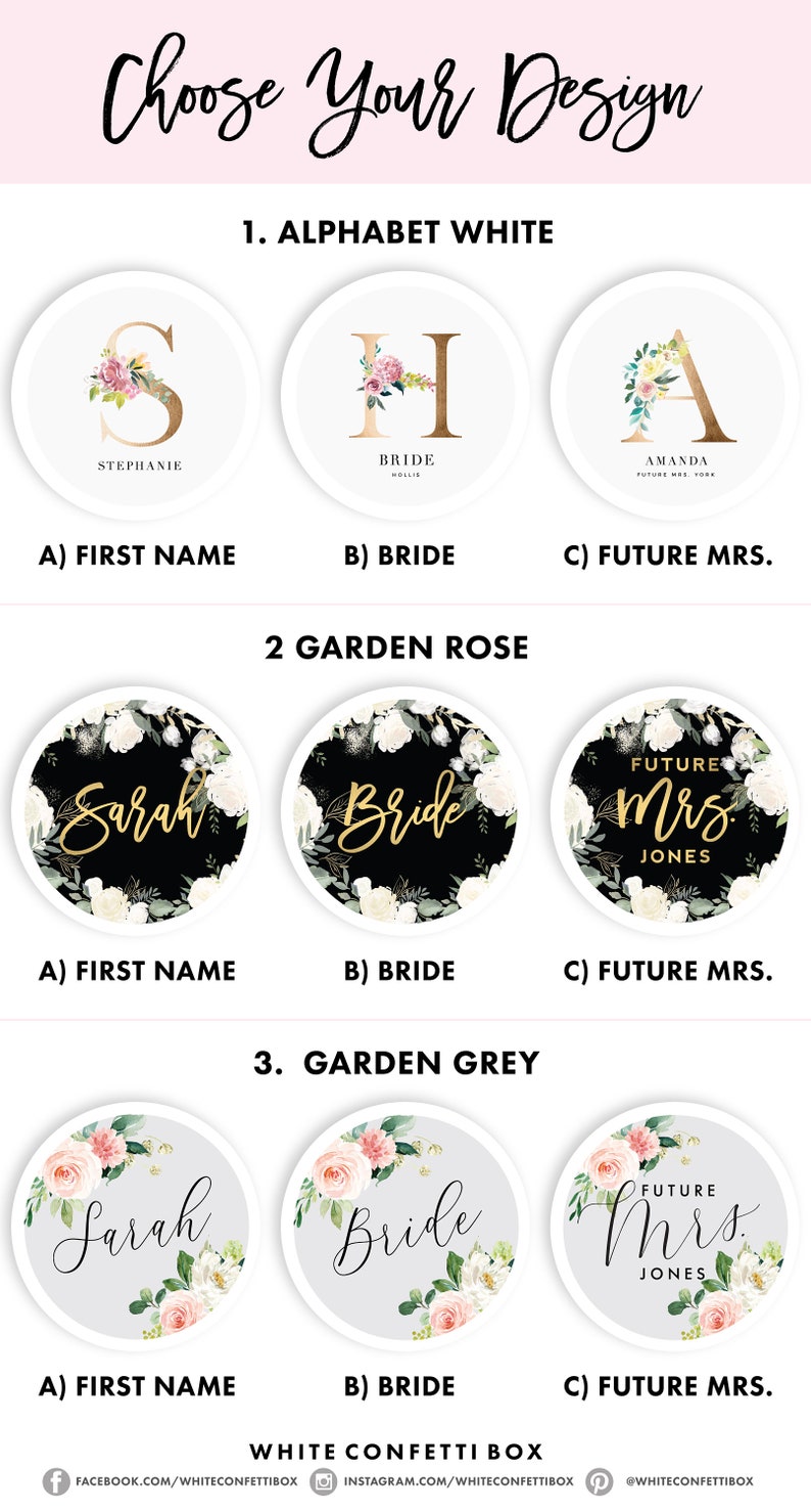 May include: Three different designs for a bridal shower or wedding favor. The first design is a white background with a gold letter "S" with pink flowers. The second design is a white background with a gold letter "H" with pink flowers. The third design is a white background with a gold letter "A" with yellow flowers. The text below each design reads "First Name", "Bride", and "Future Mrs.".