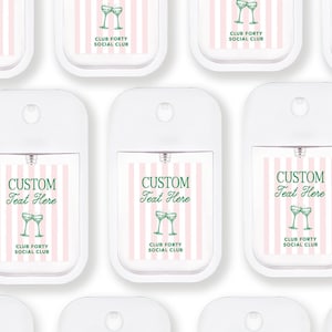 multiple white spray bottles with pink and green stripes and text, arranged in a grid-like pattern.