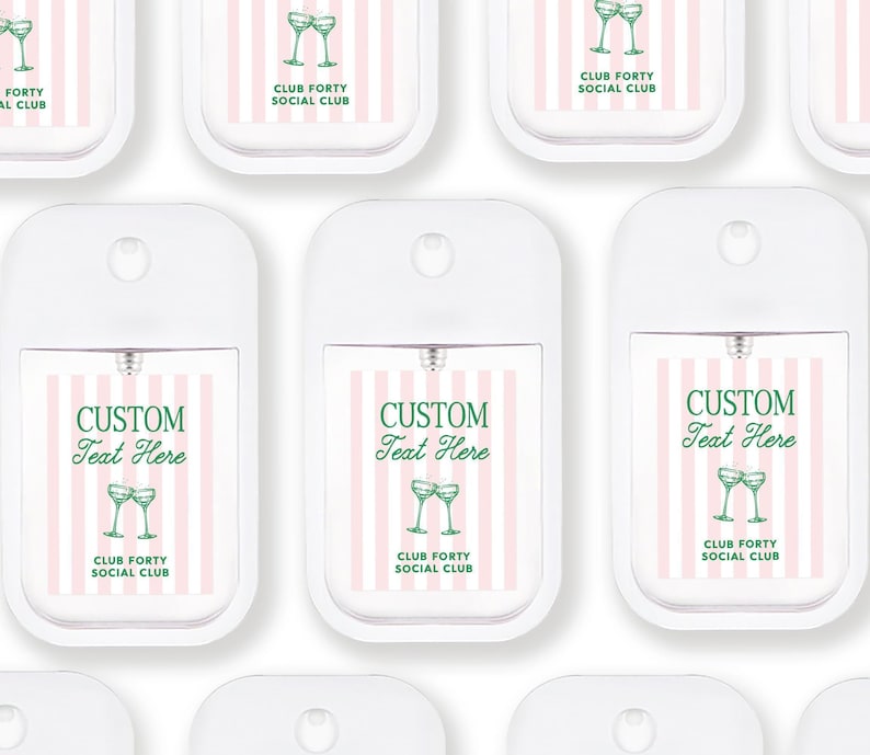 multiple white spray bottles with pink and green stripes and text, arranged in a grid-like pattern.