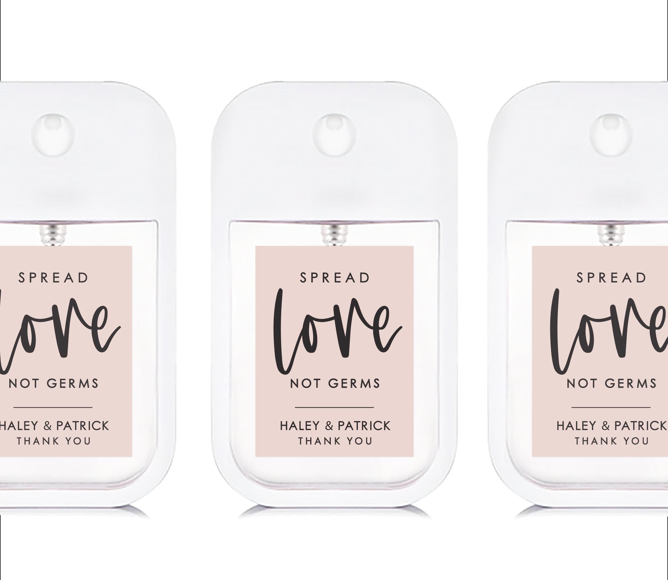 BULK Hochzeitsgeschenk Handdesinfektionsmittel - Spread Love Not Germs - Trendy und personalisiertes Duschgeschenk - Partygeschenke - Flasche im Kartenstil