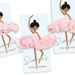 May include: Three pink scrunchies with a ballerina illustration and the text "Simone's 9th Birthday" on a blue background.