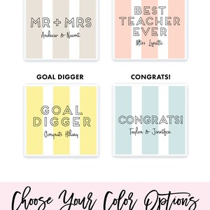 May include: A graphic design template for a personalised gift card. The template features a striped background with a choice of four colours: yellow, blue, peach, and taupe. The text on the template reads "Choose Your Wording" and "Choose Your Color Options".