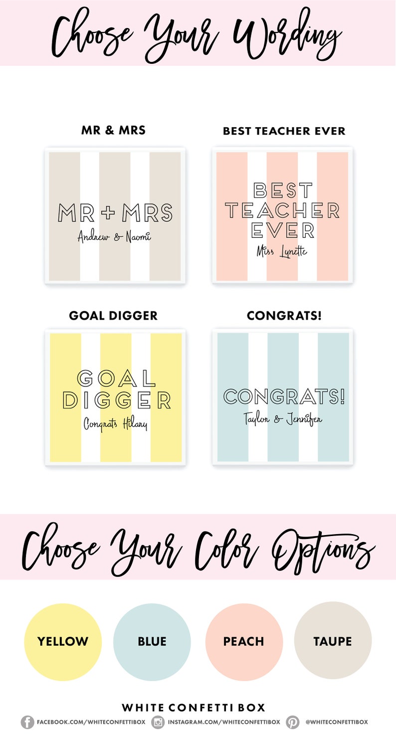 May include: A graphic design template for a personalised gift card. The template features a striped background with a choice of four colours: yellow, blue, peach, and taupe. The text on the template reads "Choose Your Wording" and "Choose Your Color Options".