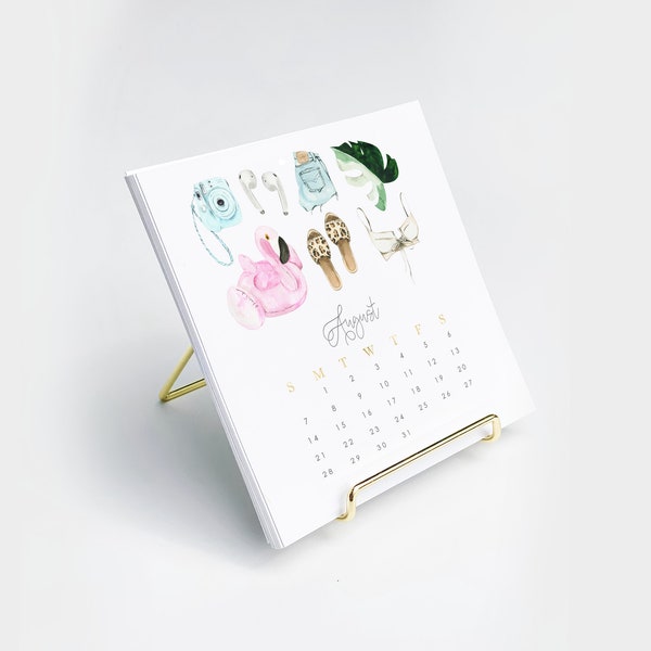 Desk Calendar Set - Fashion Illustration Gift - Calendar + Gold Stand - Watercolor Art - Trendy Gift - Unique Gift - Birthday Gift - 5" x 5"