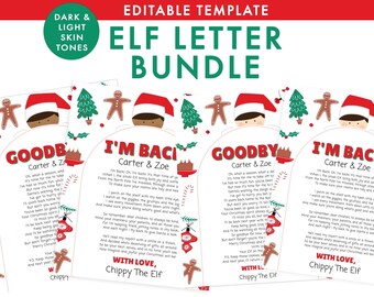 May include: An editable elf letter bundle featuring Christmas-themed stationery with illustrations of gingerbread men, pine trees, and Santa hats. The letters include text titled I'm Back and Goodbye, personalised for Carter and Zoe, signed by Chippy The Elf.