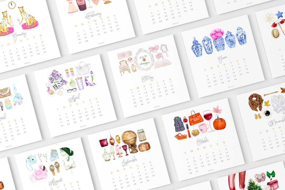 Calender Items Desk Calendar Set - Fashion Illustration Gift - Calendar + Gold Stand ...