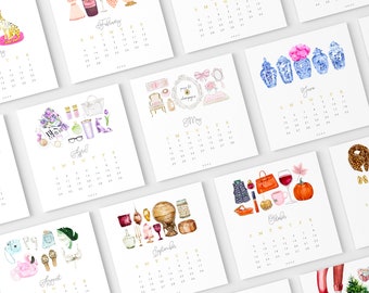 Desk Calendar Set - Fashion Illustration Gift - Calendar + Gold Stand - Watercolor Art - Trendy Gift - Unique Gift - Birthday Gift - 5" x 5"