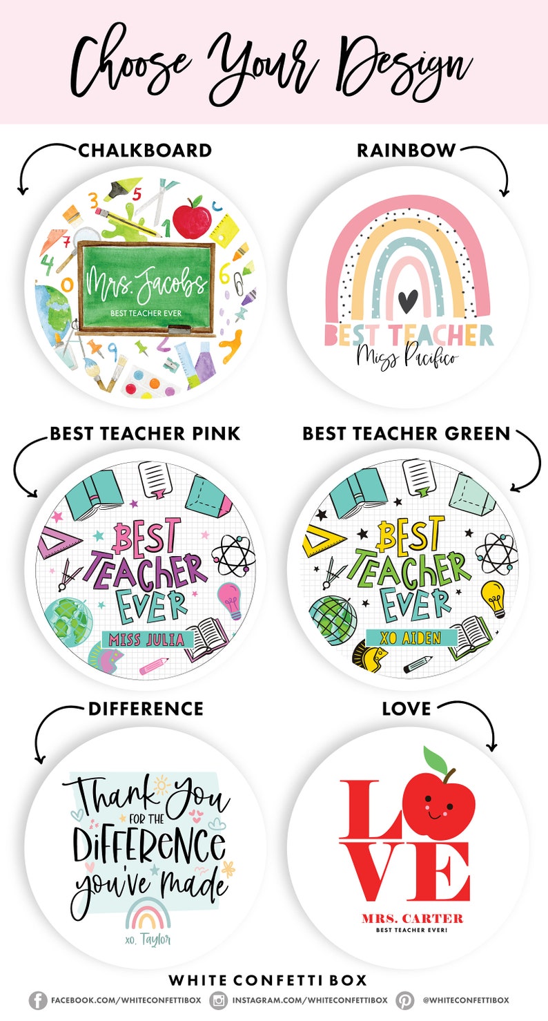 Pu&ograve; includere: Dieci design diversi per regali di apprezzamento per gli insegnanti. I design includono una lavagna, un arcobaleno, il miglior insegnante di sempre con accenti rosa e verdi, la differenza che hai fatto e l'amore con una mela. Ogni design presenta il nome di un insegnante diverso e un messaggio personalizzato.